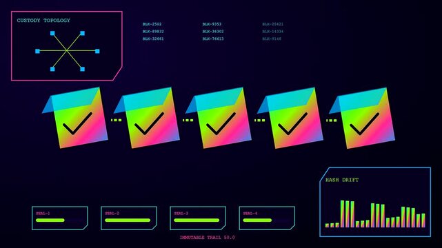 Automated compliance monitoring display showing sequence of validated digital blocks moving through a monitoring interface with vibrant gradients and shifting bar graphs on a dark backdrop