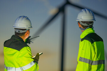 Fototapeta premium Two wind turbine technicians note down readings on a rugged tablet beneath the silhouetted rotor of a turbine in pastel dusk deep inside a tropical wind energy park.