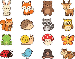 Obraz premium Cute Woodland Forest Animals Insects and Wildlife Vector Sticker Set