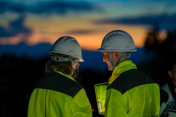 Fototapeta premium A technician and a female engineer read a tablet against the last orange sky in profile beneath the darkened rotor in vivid orange afterglow at a wind power plant in Southeast Asia.