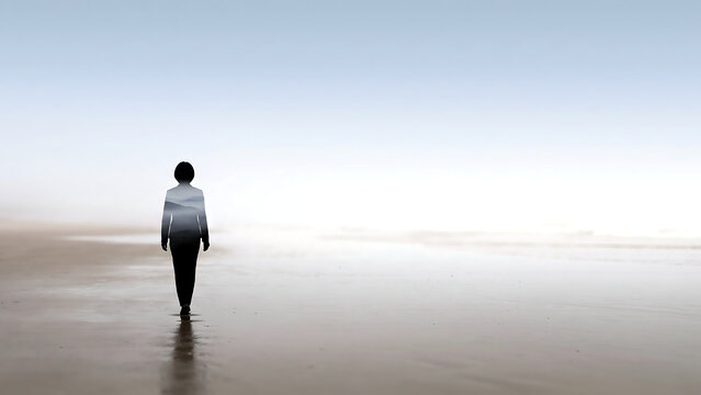 Double exposure of a person walking on wet sand blended with silver haze and distant hills