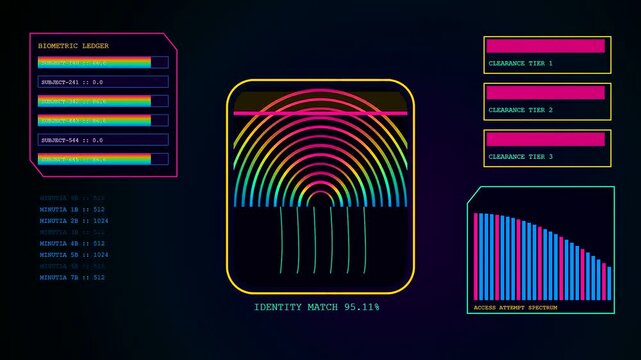 Compliance monitoring interface showing digital biometric identification data and cyber security scanning patterns presented on a dark screen with vibrant neon colored lines and bar graphs