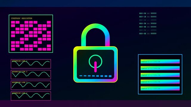 Compliance monitoring displays showcase colorful digital locks with moving wave graphs and numeric data rows within a glowing dark interface designed for modern software project management