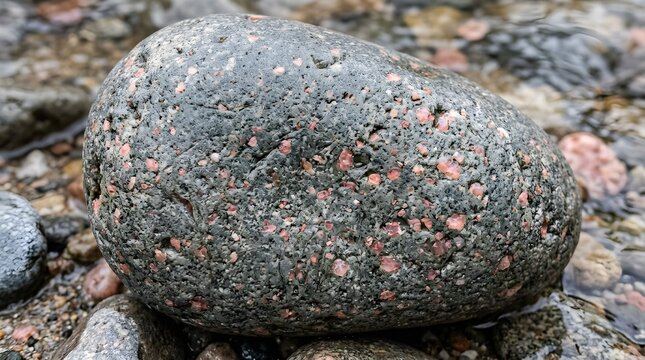 Smooth dark stone with speckled red and white mineral inclusions, natural rock texture and pattern, geological specimen or wellness concept, polished surface close-up on light background.