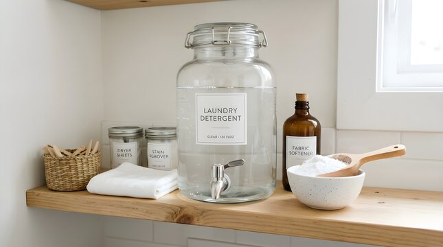 Description: Clear glass jar filled with laundry detergent powder, labeled container for washing supplies, organized home cleaning station, household chore and laundry preparation concept.