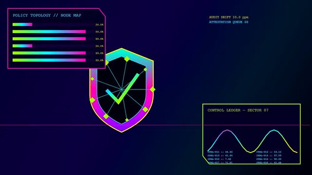 Compliance monitoring displays showcase a digital shield icon with check marks and shifting bar charts indicating network status changes within a futuristic dark blue digital interface