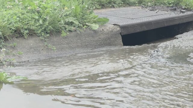 Flooded streets draining into gutter after storm 4k
