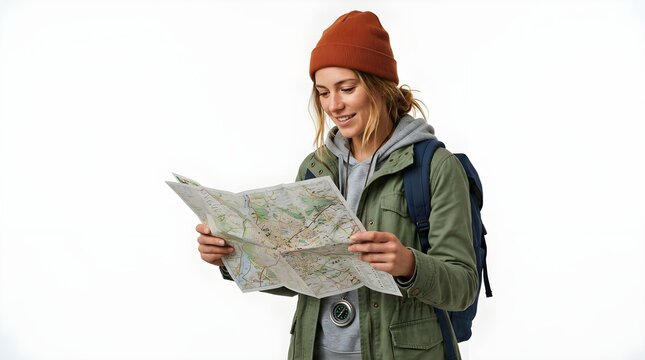 A traveler wearing a warm beanie studies a map while carrying a backpack, capturing adventure, tourism, navigation, route planning, and outdoor exploration.

