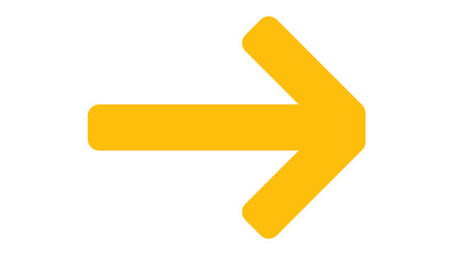 Simple yellow right pointing thick arrow icon isolated on white background with direction navigation pointing isolated straight geometry minimalist abstract movement indicator