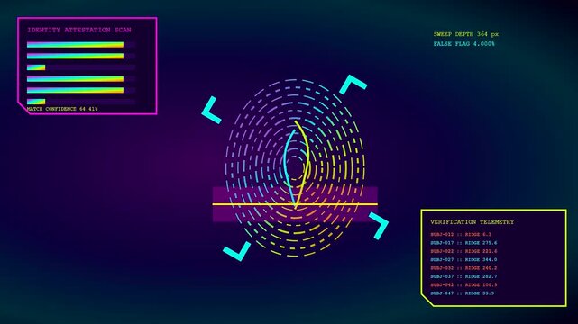 A digital compliance monitoring interface showing biometric fingerprint verification scans with flickering light patterns and streaming numerical data readouts on a dark virtual laboratory screen