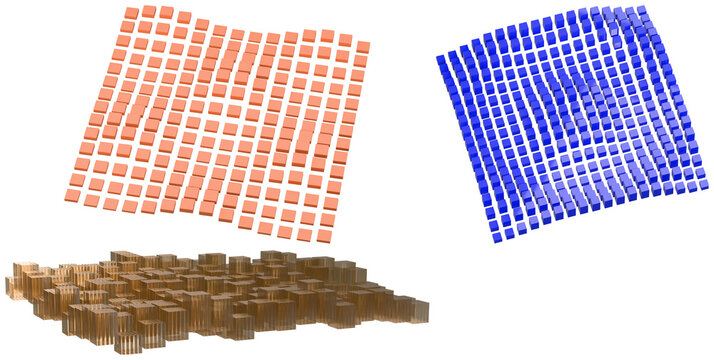 A set of abstract geometric tile relief elements in coral, blue, and amber tones for modern design compositions.