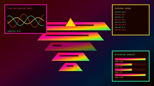 Digital compliance monitoring visualized as dynamic pyramid charts showing shifting risk levels and oscillating wave patterns on a dark glowing surface in a modern computing environment
