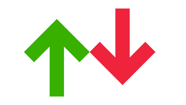 Green upward pointing arrow and red downward pointing arrow side by side with up arrow down arrow trend indicators market direction financial signs growth decrease success failure up arrow
