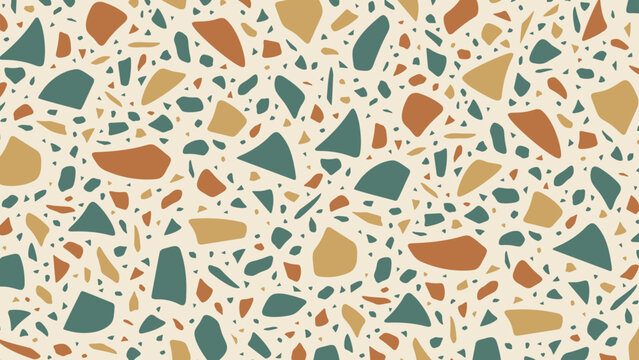 Seamless vector terrazzo pattern repeating mosaic flakes and tiles green orange yellow and white