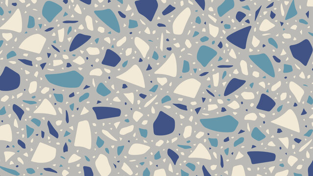 Seamless vector terrazzo pattern repeating mosaic flakes and tiles blue grey and white