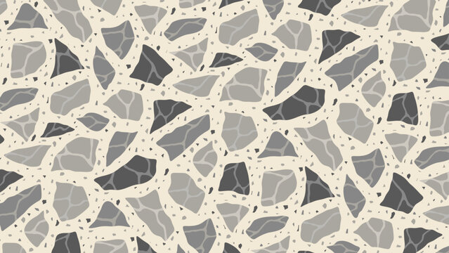 Seamless vector terrazzo pattern repeating mosaic flakes and tiles black white and grey