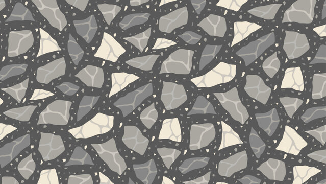 Seamless vector terrazzo pattern repeating mosaic flakes and tiles black white and grey