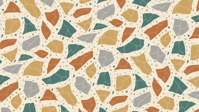 Seamless vector terrazzo pattern repeating mosaic flakes and tiles green orange yellow and white