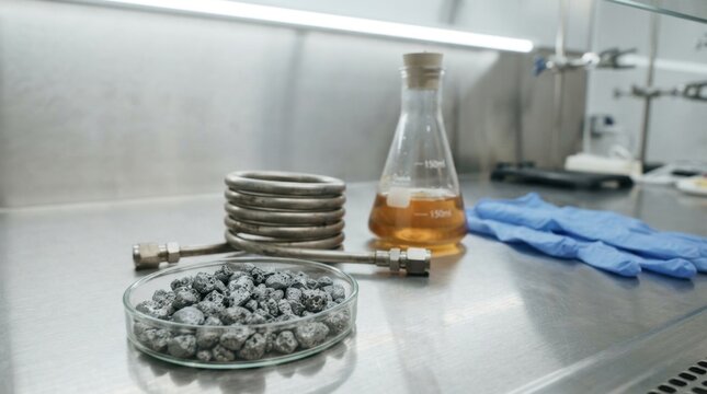 Heterogeneous catalysis concept with nickel catalyst granules, reactor tube, amber liquid flask, and blue nitrile gloves on a steel bench.
