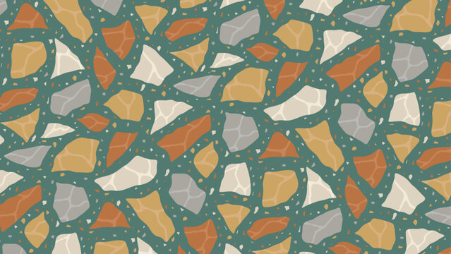 Seamless vector terrazzo pattern repeating mosaic flakes and tiles green orange yellow and white