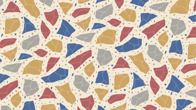 Seamless vector terrazzo pattern repeating mosaic flakes and tiles red white blue and grey