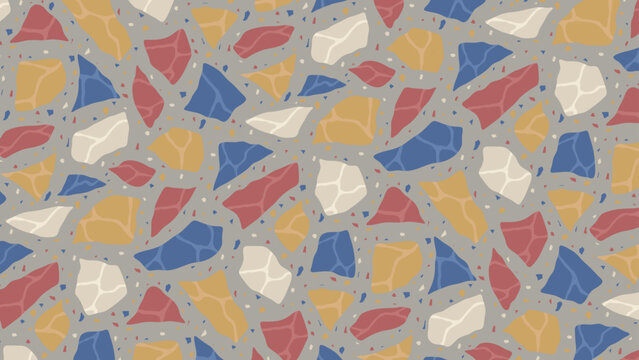 Seamless vector terrazzo pattern repeating mosaic flakes and tiles red white blue and grey