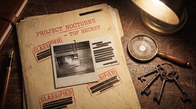 Vintage top secret dossier with classified stamps. Project Nocturne mystery file folder on wooden desk. Retro detective investigation documents.