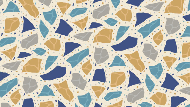 Seamless vector terrazzo pattern repeating mosaic flakes and tiles blue grey yellow and white