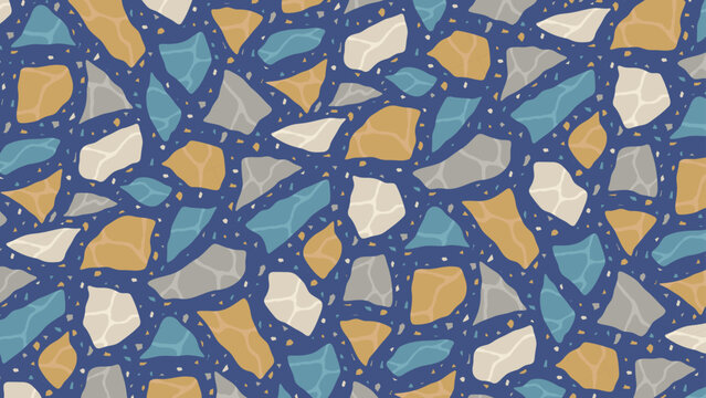 Seamless vector terrazzo pattern repeating mosaic flakes and tiles blue grey yellow and white