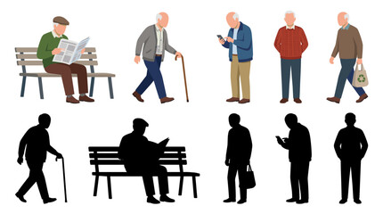 Fototapeta premium Professional vector collection featuring different elderly men in everyday poses, standing, walking, reading newspapers, holding canes, using smartphones, wearing comfortable clothing