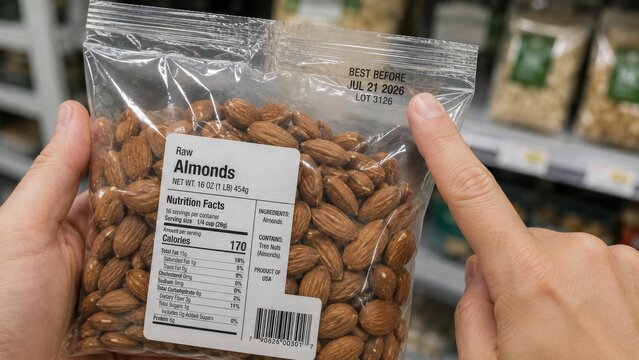 Checking expired food and product expiration dates on almond package in grocery store. concept of food safety, consumer awareness, shopping precaution, nutrition information