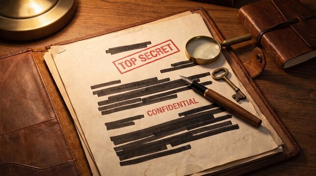 Vintage top secret document with redacted text, confidential government file on desk, mystery investigation folder
