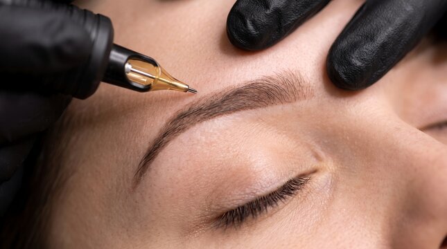 Close up view of a professional cosmetologist performing microblading procedure on female eyebrows using specialized equipment wearing black protective gloves in beauty salon