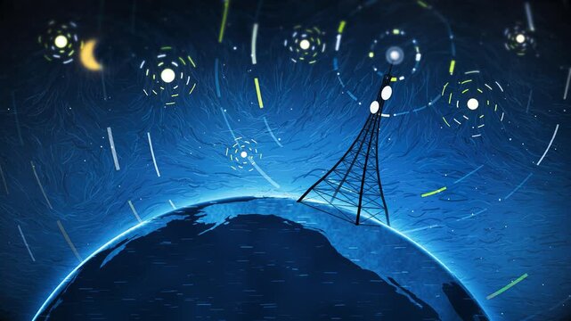 Painterly radio tower on Earth's horizon beams glowing signal rings into swirling starry night sky. Impressionist brushstrokes evoke connection and nostalgia. Dreamy sci-fi mood, loop, horizontal.
