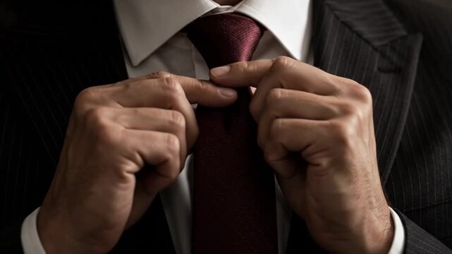 Man Adjusting Burgundy Silk Tie Knot on White Dress Shirt with Dark Pinstripe Suit in Dramatic Lighting