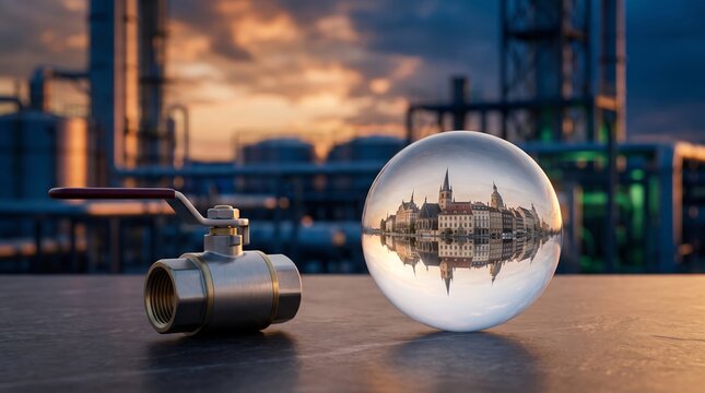 Industrial setting with valve and reflective globe
