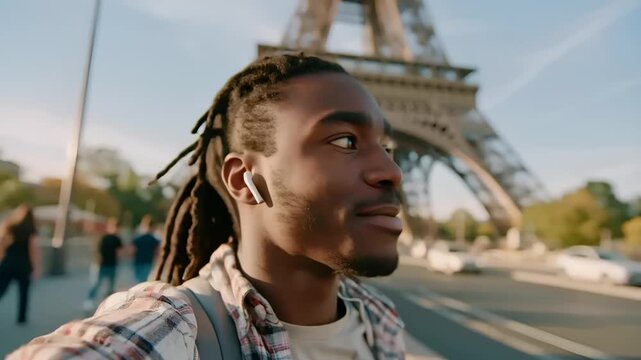 Paris, France, Europe. A candid shot of a young man with dreadlocks, wearing a white tshirt and a checkered shirt, taking a selfie in front of the Eiffel Tower.