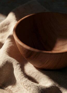 Close-up of a wooden bowl resting on a beige fabric. the bowl is empty and appears to be made of a light-colored wood, possibly pine or oak.