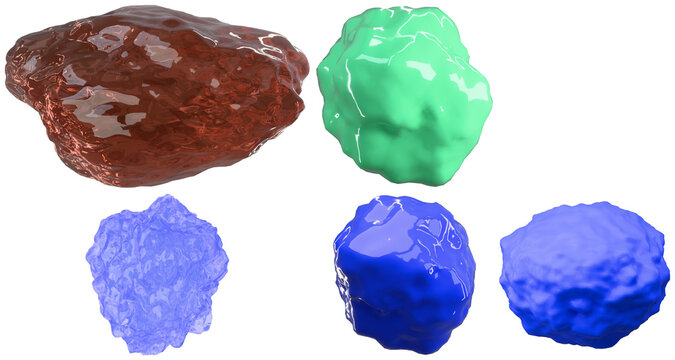 A set of glossy abstract boulder forms in varied colors and finishes for modern design use.
