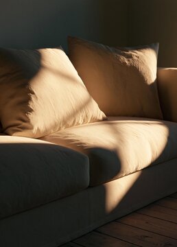 Close-up of a beige-colored sofa with two pillows on it. the sofa is in a room with a wooden floor and a wall in the background.