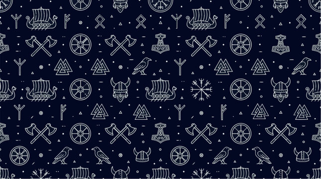 Seamless gold line viking nordic icons pattern on dark background