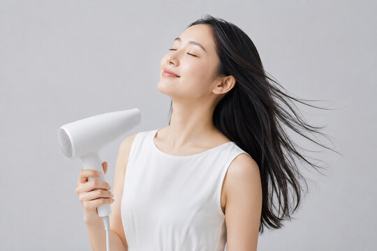 ドライヤーで長い髪を乾かす若い女性
