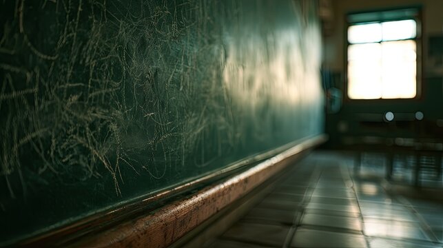 Close-up of a weathered, chalk-marked blackboard in an empty, sunlit classroom