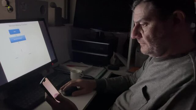 Concentrated man working late at night in a dark room on a computer and smartphone, with his face illuminated by the bright screens creating a focused ambiance