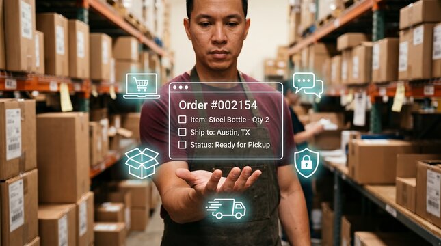 Warehouse worker managing digital customer order interface with glowing holographic icons floating around his hands inside a distribution center fulfillment facility full of shelves