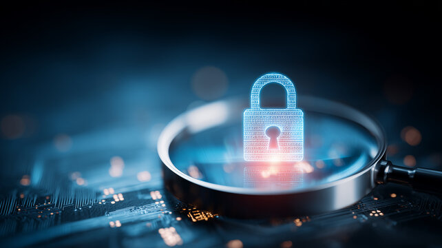 A digital padlock under a magnifying glass representing data encryption and cybersecurity protection assessment.
