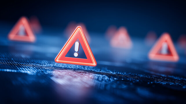 Warning signs with exclamation marks on a digital surface representing cybersecurity alerts and technology risk detection.

