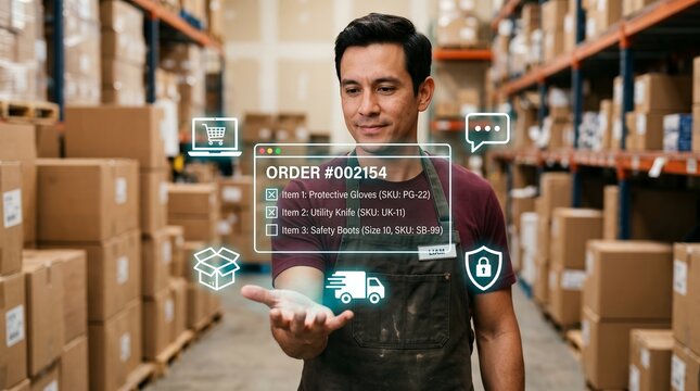 Warehouse worker holding hand out with digital order fulfillment interface displaying logistics icons inventory list and shipping details inside fulfillment center storage facility