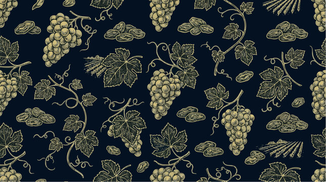 Seamless engraved grape vineyard pattern in gold on black