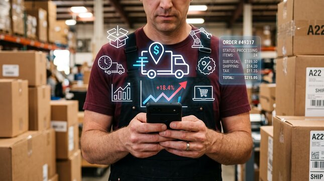 Warehouse worker using mobile phone with glowing augmented reality graphics showing delivery truck icon order status data analytics charts and inventory management floating in warehouse